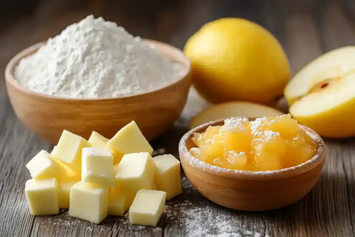 Ingredients for Apple Tart including flour, butter, eggs, apples, compote, and sugar