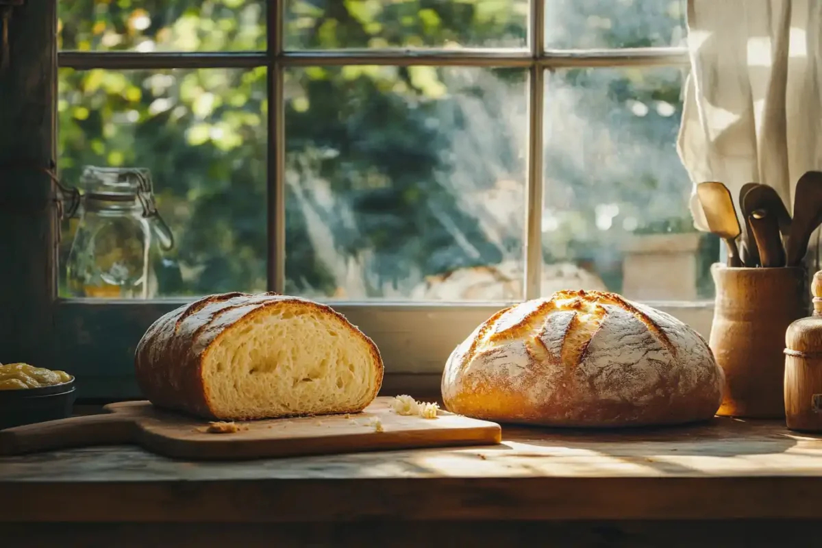 Loaf of Fast Artisan Bread sliced on a wooden board