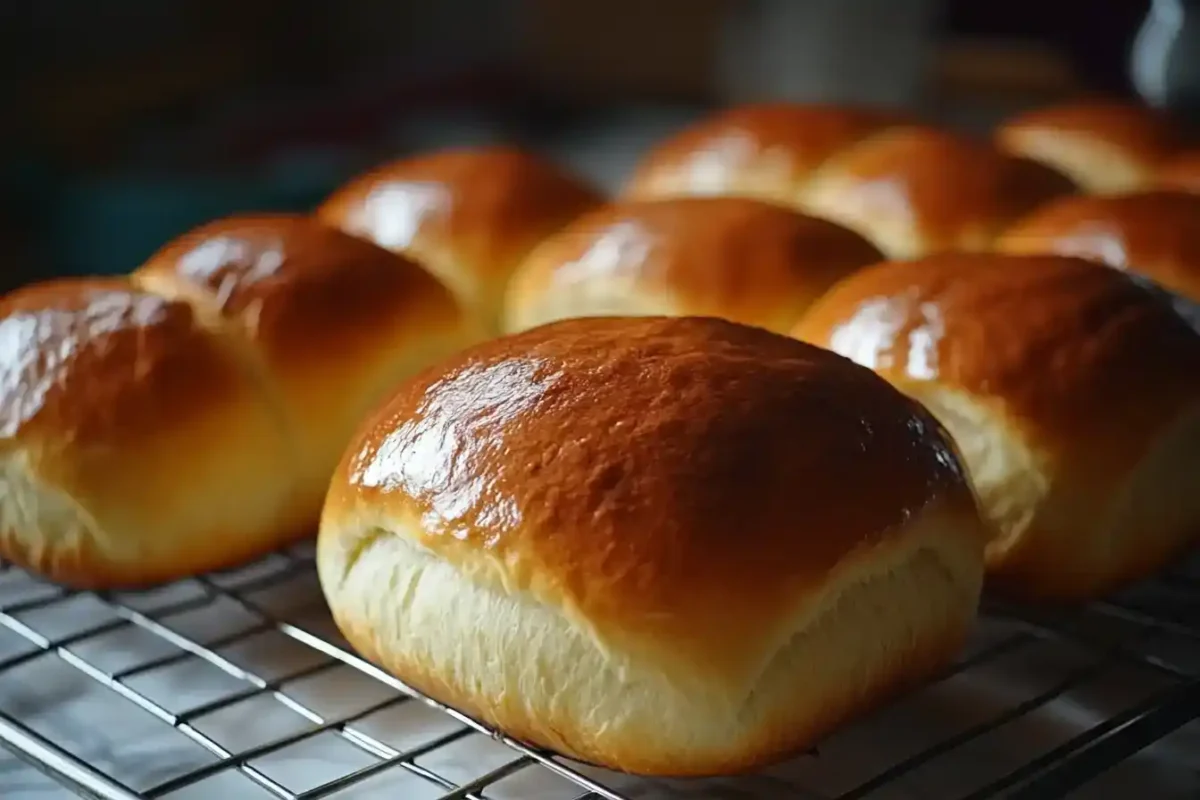 golden brioche loaf resting on cooling rack