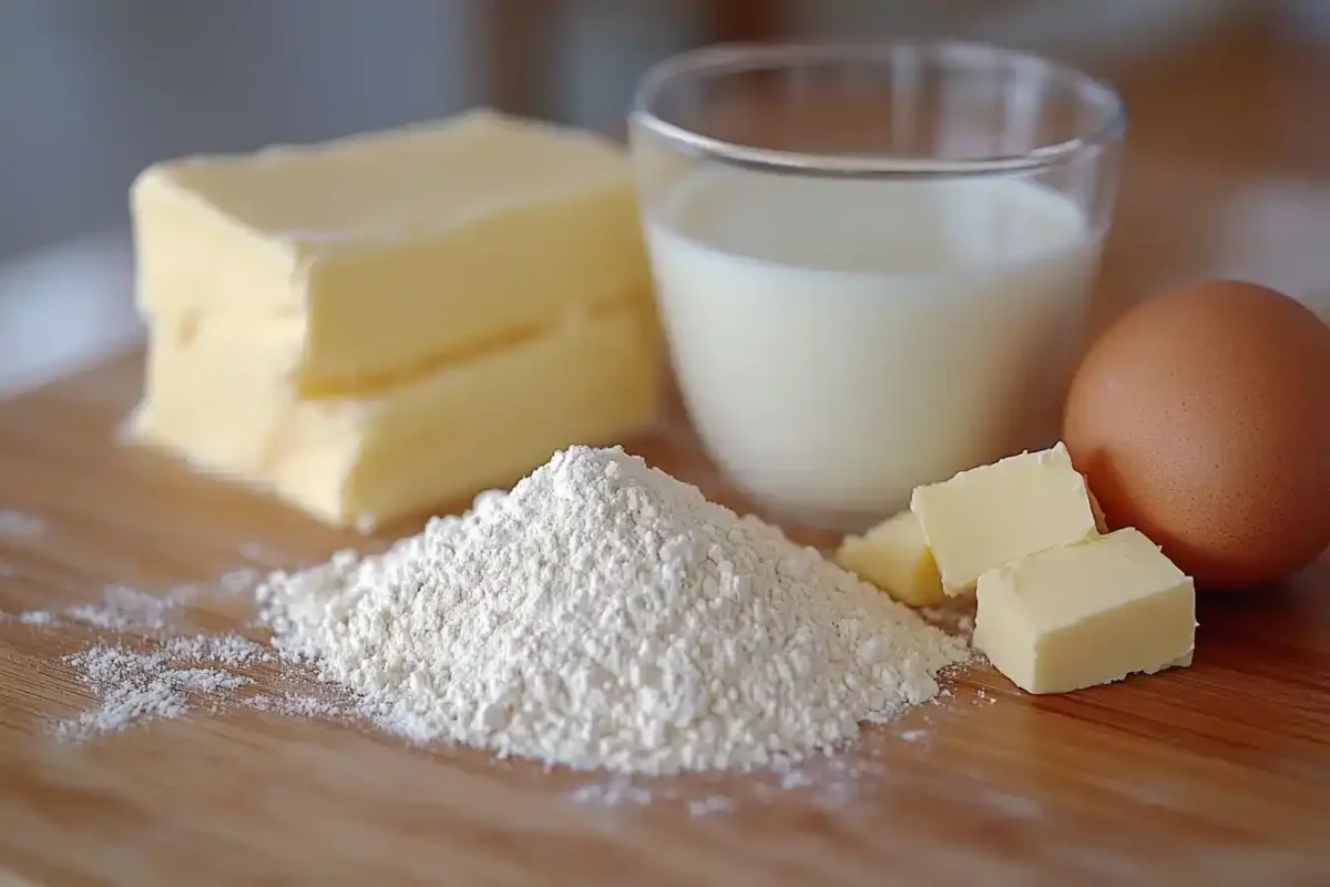 flour, butter, milk, eggs and yeast for pan brioche