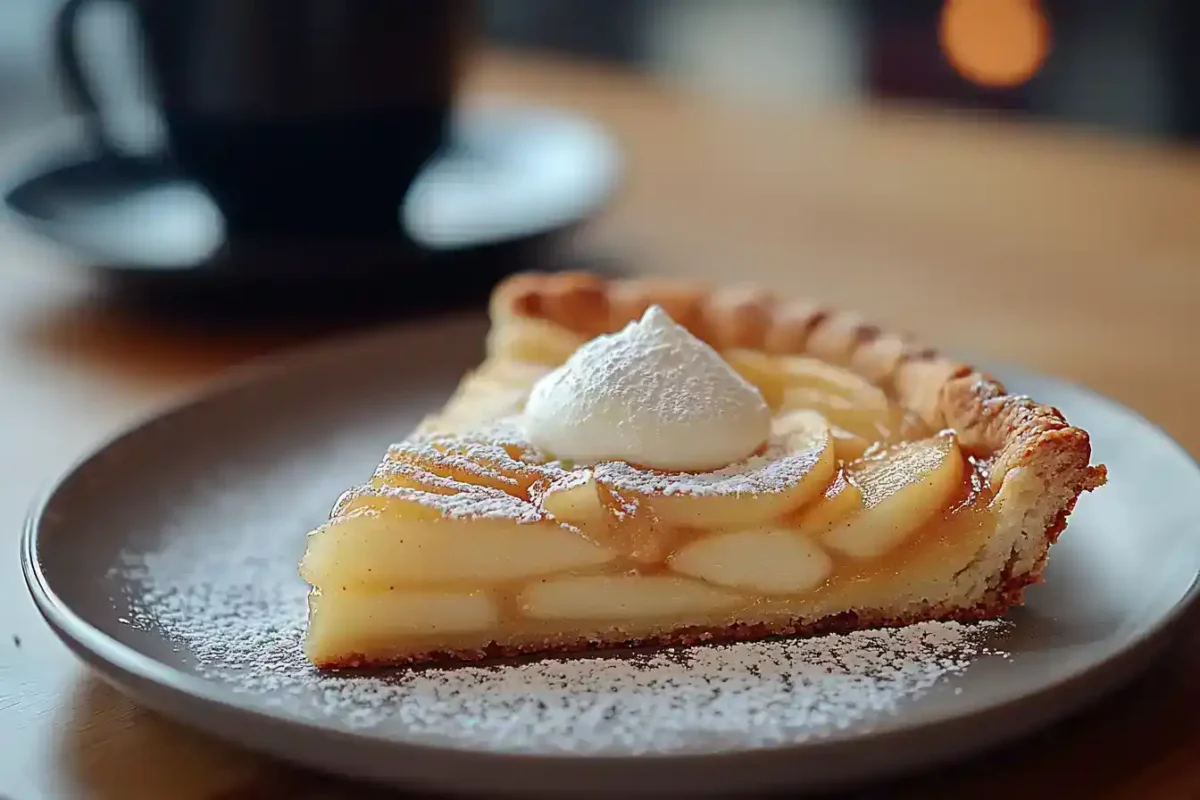 Slice of Apple Tart served with crème fraîche and powdered sugar
