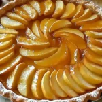 Overhead view of a classic French Apple Tart with spiral apple slices and golden crust