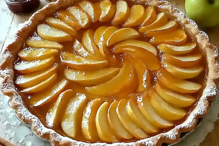 Overhead view of a classic French Apple Tart with spiral apple slices and golden crust