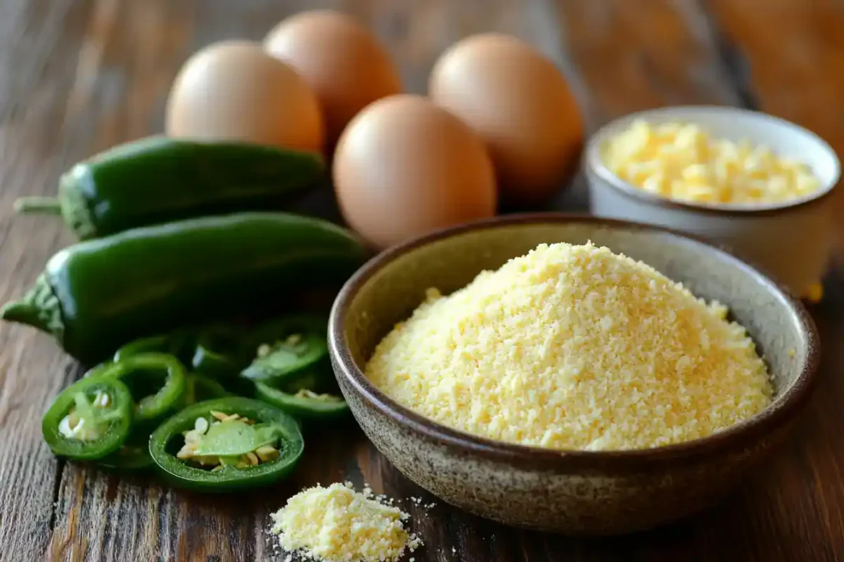 cornbread ingredients including cornmeal, eggs, cheese, and jalapeños