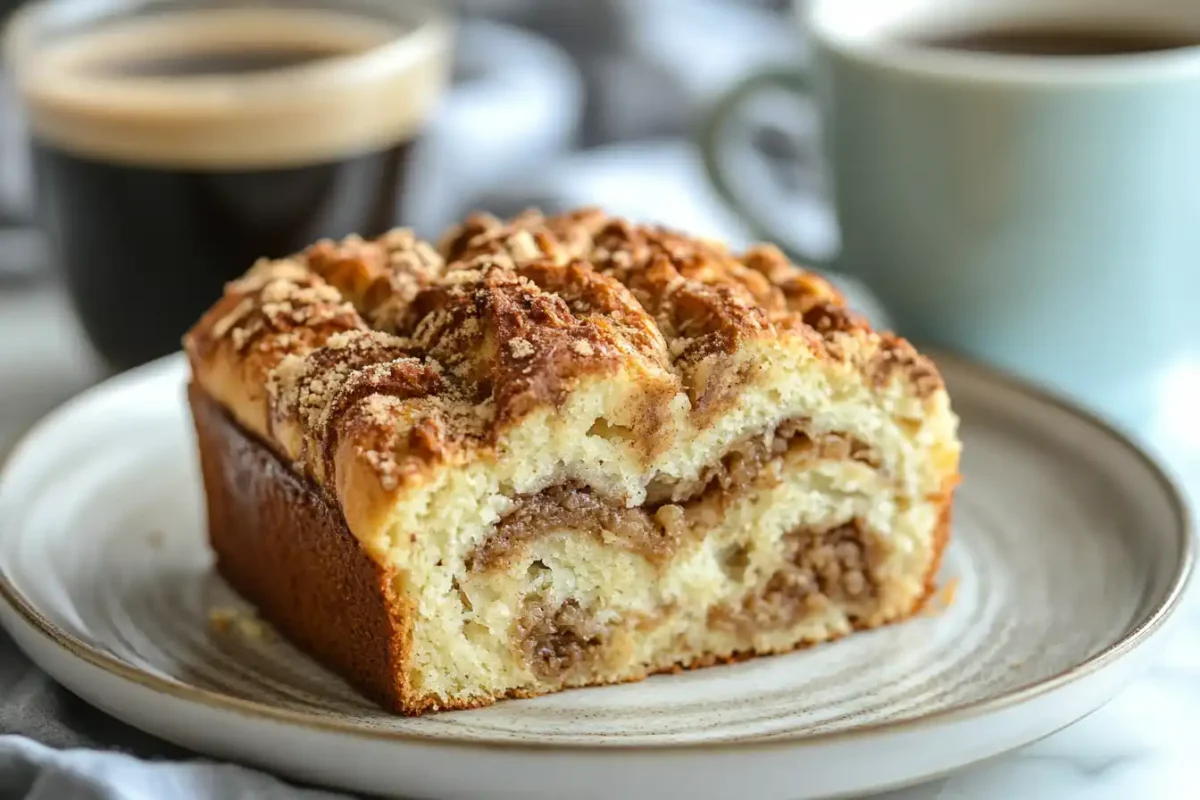 serving biscoff swirl babka slice with coffee
