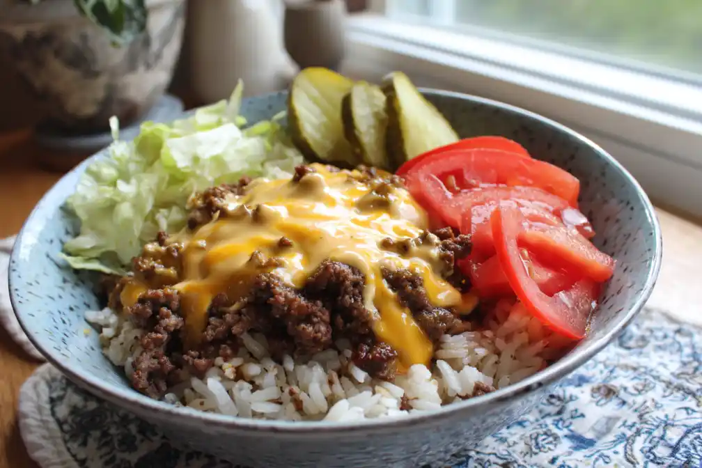Bowl of cheeseburger rice with beef, cheese, lettuce, and pickles