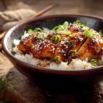 Bowl of hot honey chicken with rice and sesame garnish