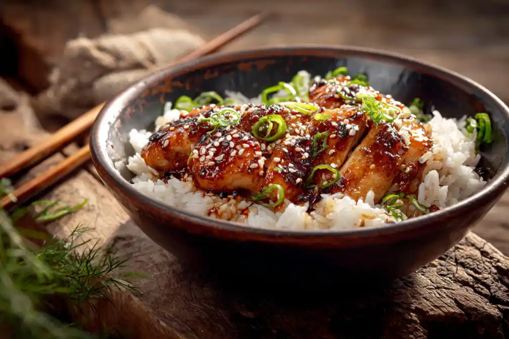Bowl of hot honey chicken with rice and sesame garnish