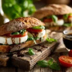 Rustic Caprese sandwich with mozzarella, tomato, basil, and balsamic glaze on toasted bread.
