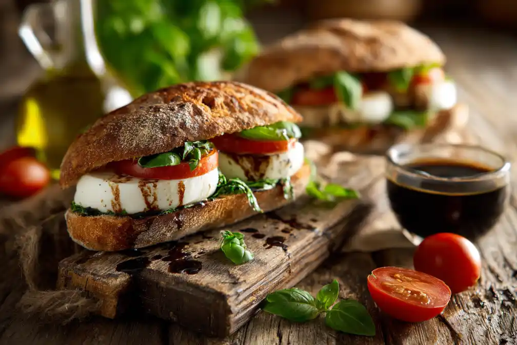 Rustic Caprese sandwich with mozzarella, tomato, basil, and balsamic glaze on toasted bread.