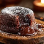 Moist chocolate lava cake with molten center on rustic plate