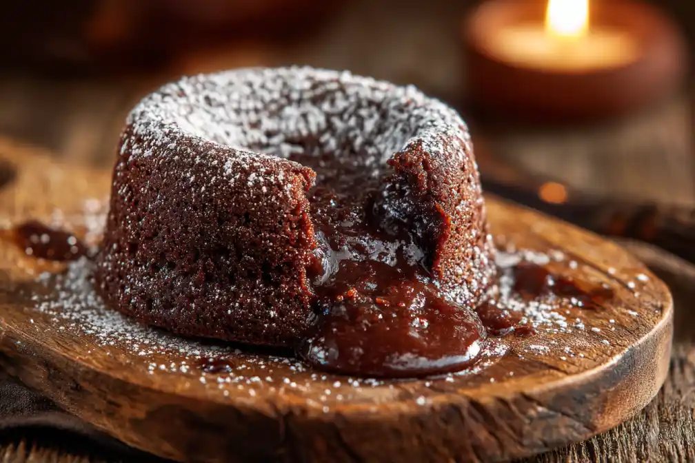 Moist chocolate lava cake with molten center on rustic plate