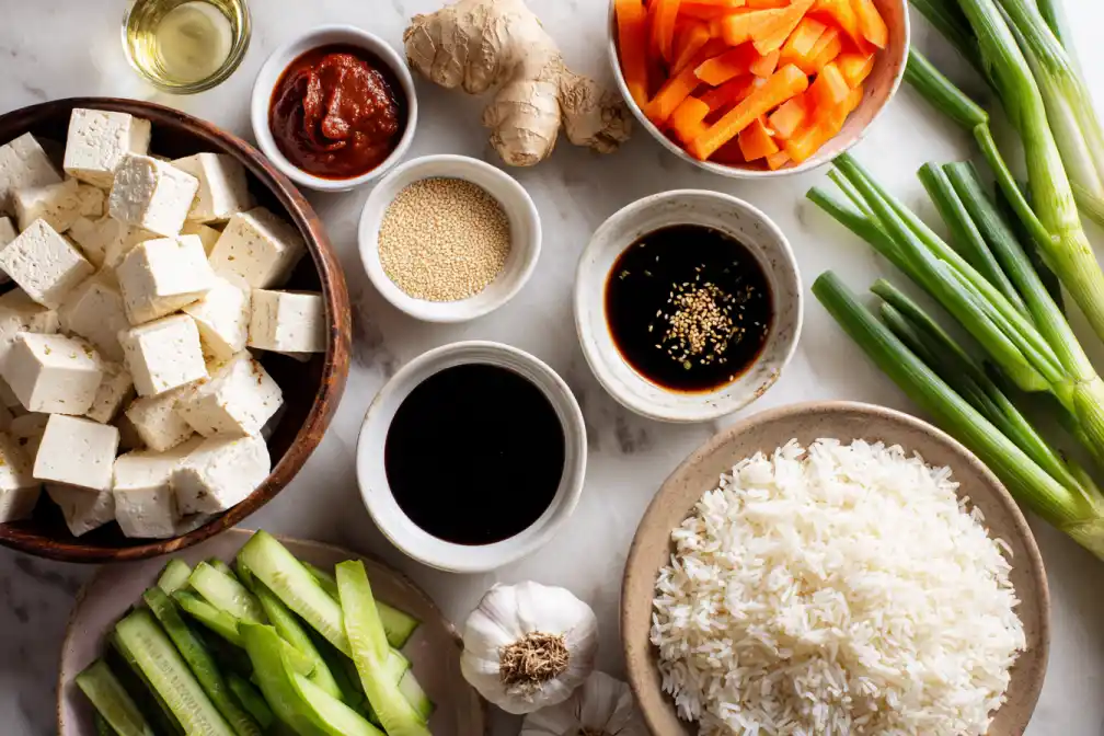 Flat lay of tofu, gochujang, soy sauce, sesame oil, garlic, and vegetables