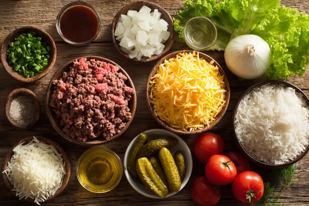 Fresh ingredients for cheeseburger rice bowl displayed on a table