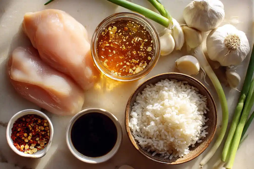 Fresh ingredients for hot honey chicken rice bowl on a table
