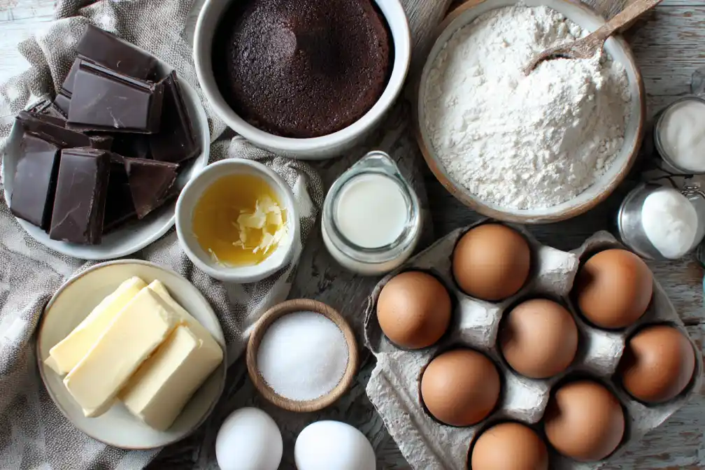 Ingredients for moist chocolate lava cake on kitchen table