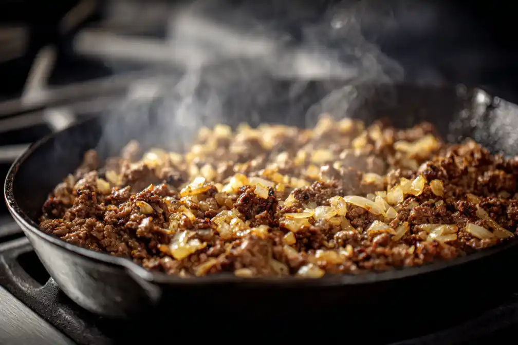 Ground beef cooking in a skillet with onions and garlic