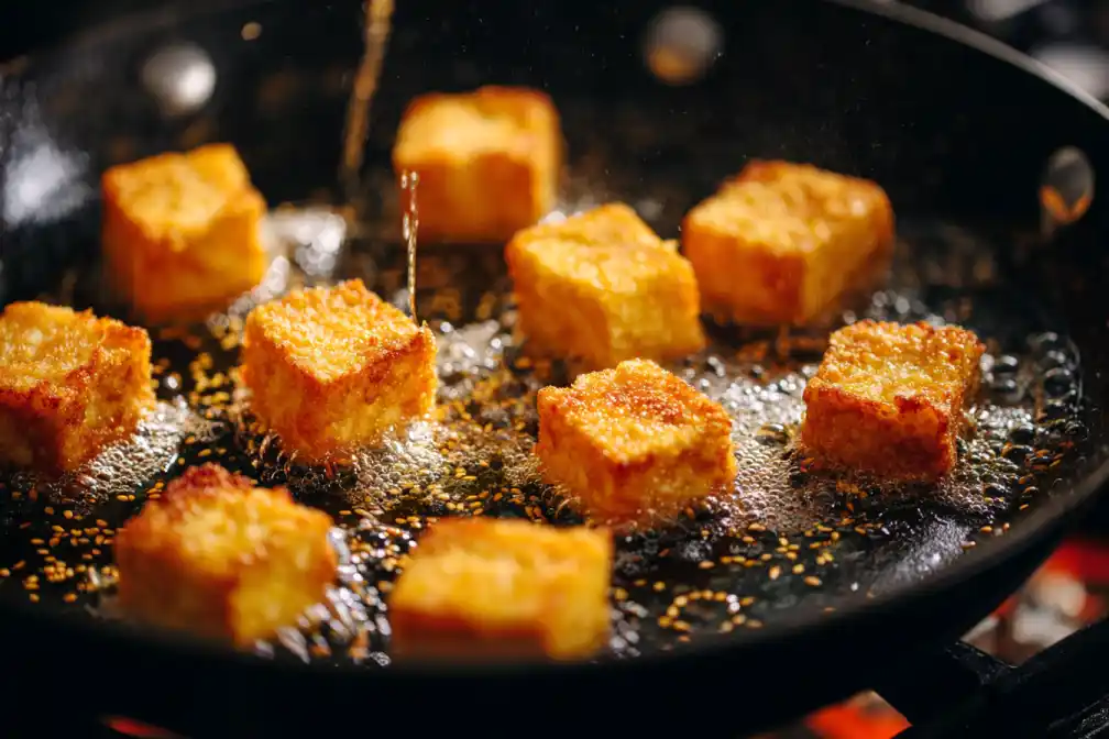 Golden tofu cubes cooking in skillet for rice bowl