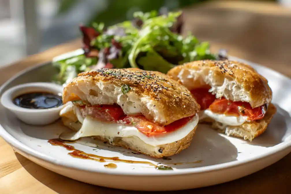 Fresh Caprese sandwich with mozzarella, tomato, and basil served on ciabatta bread with a side salad and balsamic dip