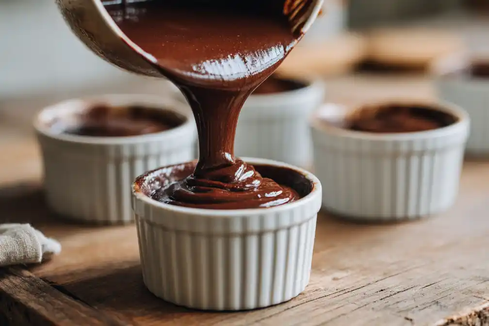 Chocolate lava cake batter being poured into ramekins
