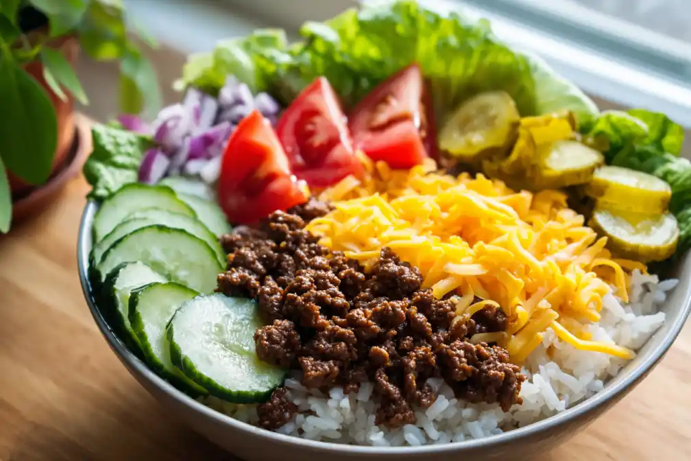Layering beef, cheese, and toppings onto rice in a bowl