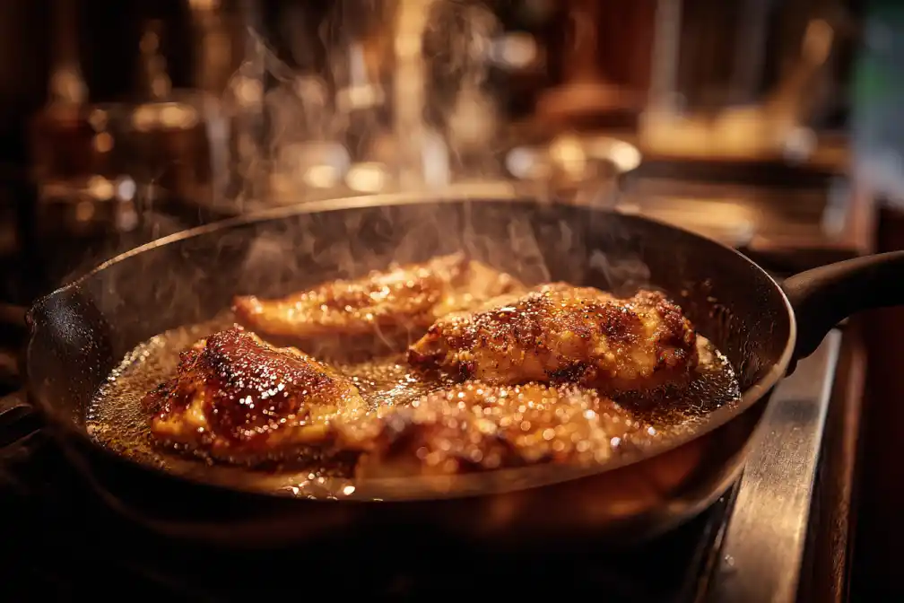 Chicken in skillet coated with hot honey glaze