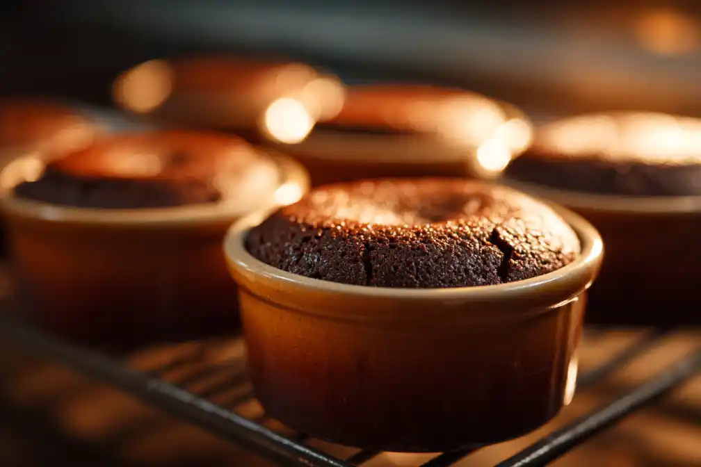 Freshly baked chocolate lava cakes in ramekins