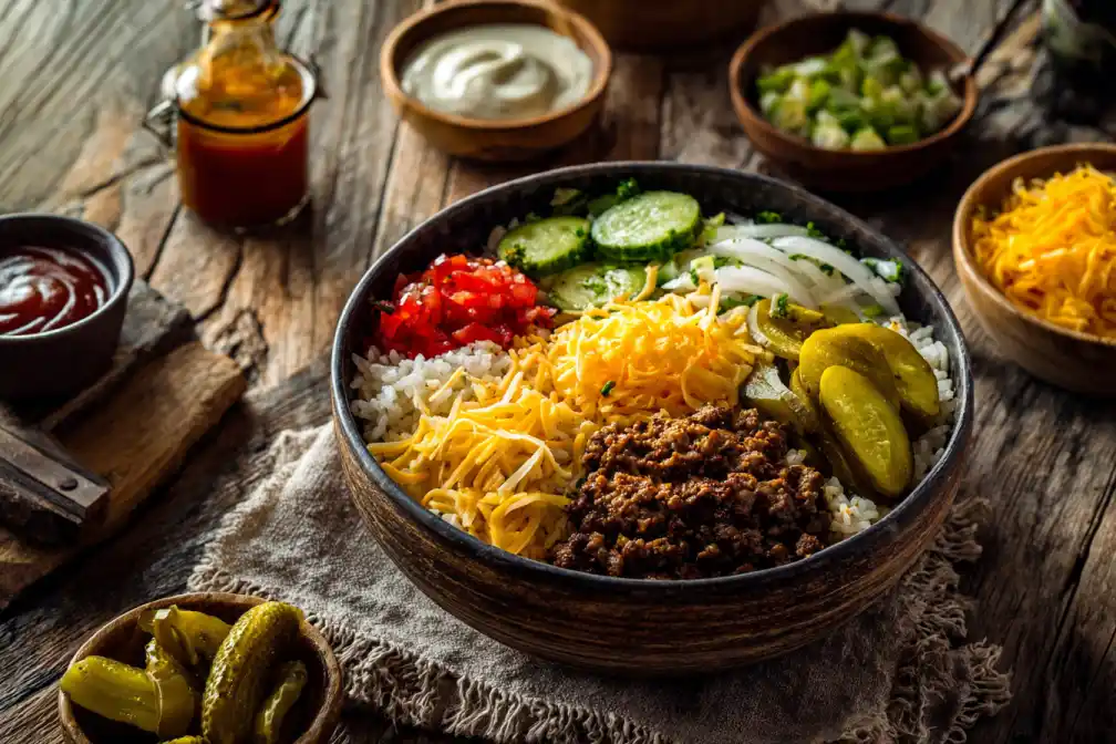 Finished cheeseburger rice bowl with toppings and sauce