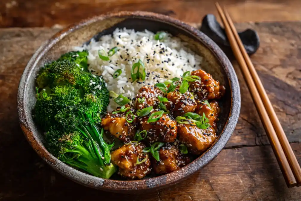 Bowl of hot honey chicken rice served with vegetables and garnish
