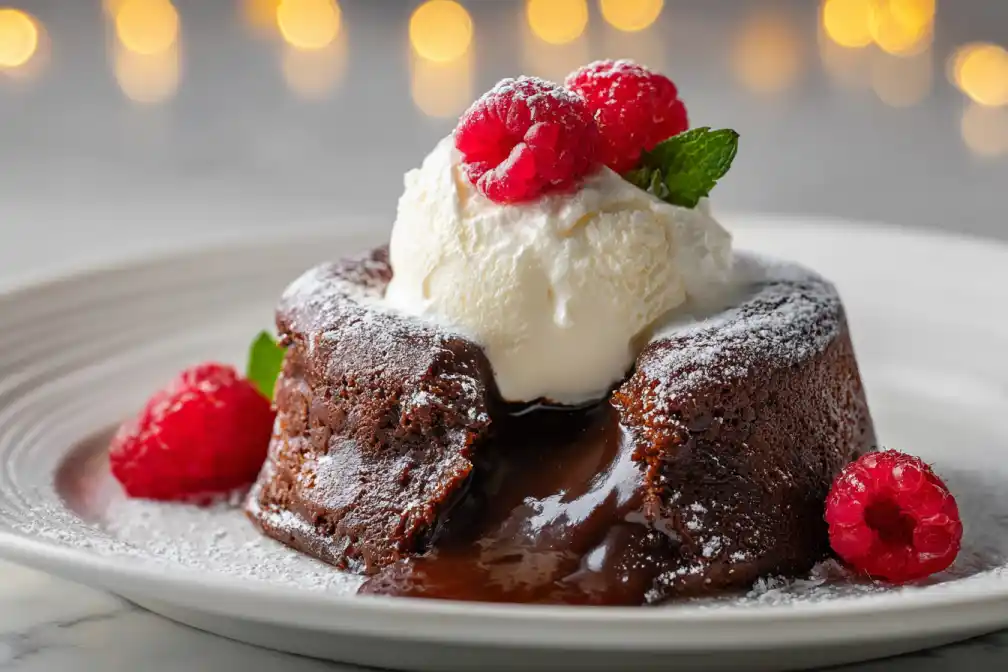 Moist chocolate lava cake served with ice cream