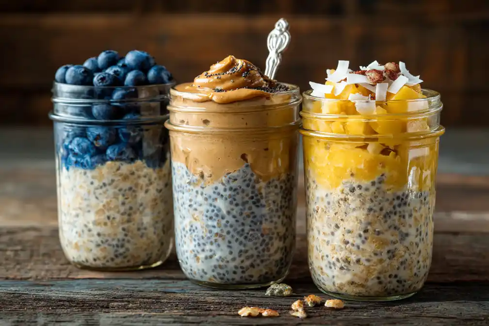 Three jars of chia overnight oats with different toppings