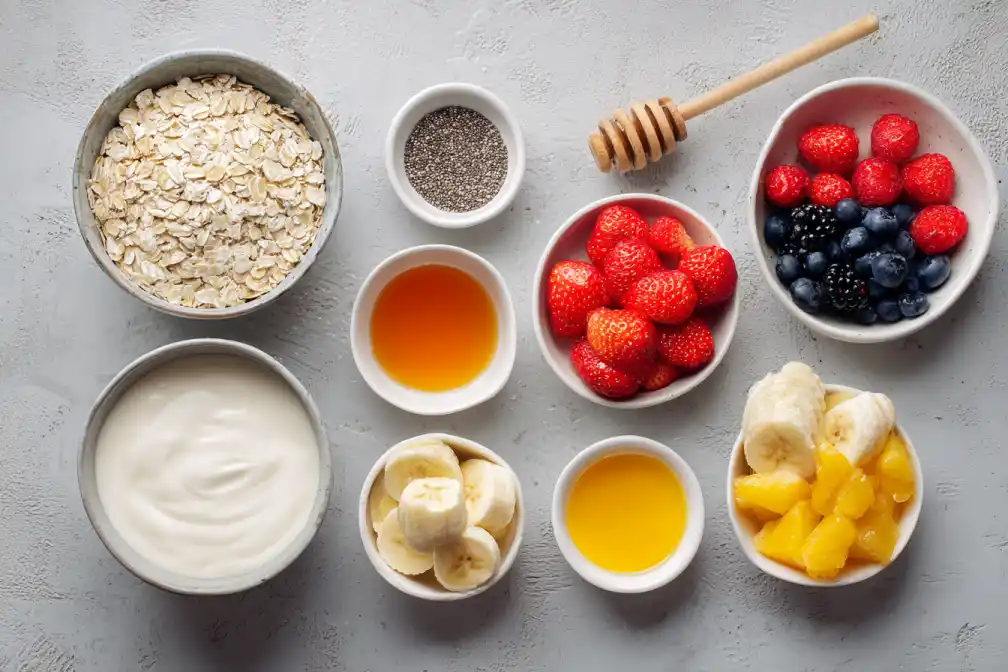 Ingredients for chia overnight oats on a kitchen counter