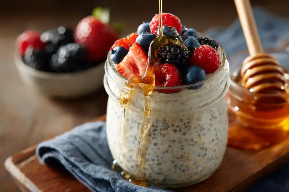 Creamy chia overnight oats topped with berries in a jar