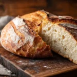 Rustic loaf of easy sourdough bread sliced on a wooden board