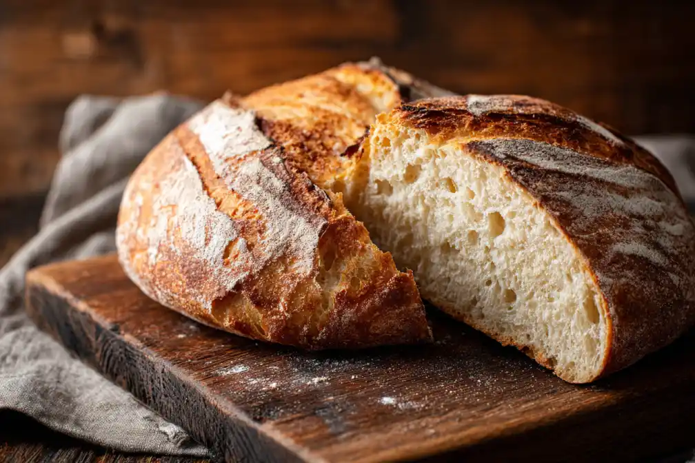 Rustic loaf of easy sourdough bread sliced on a wooden board