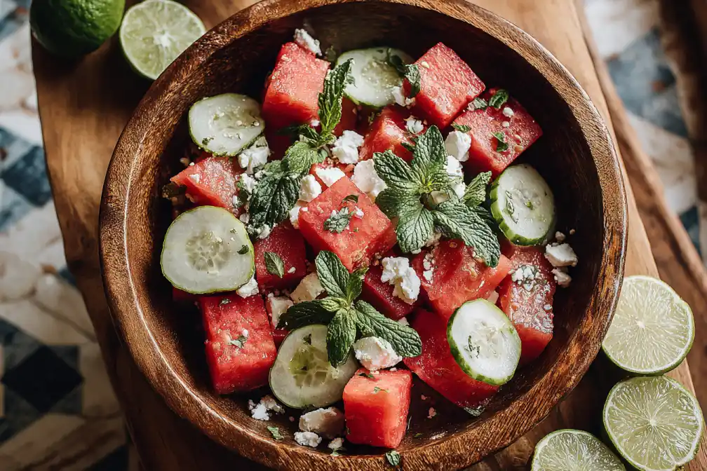 Featured bowl of watermelon and feta summer salad with mint and cucumber