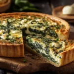 Savory spinach and feta quiche sliced with golden crust