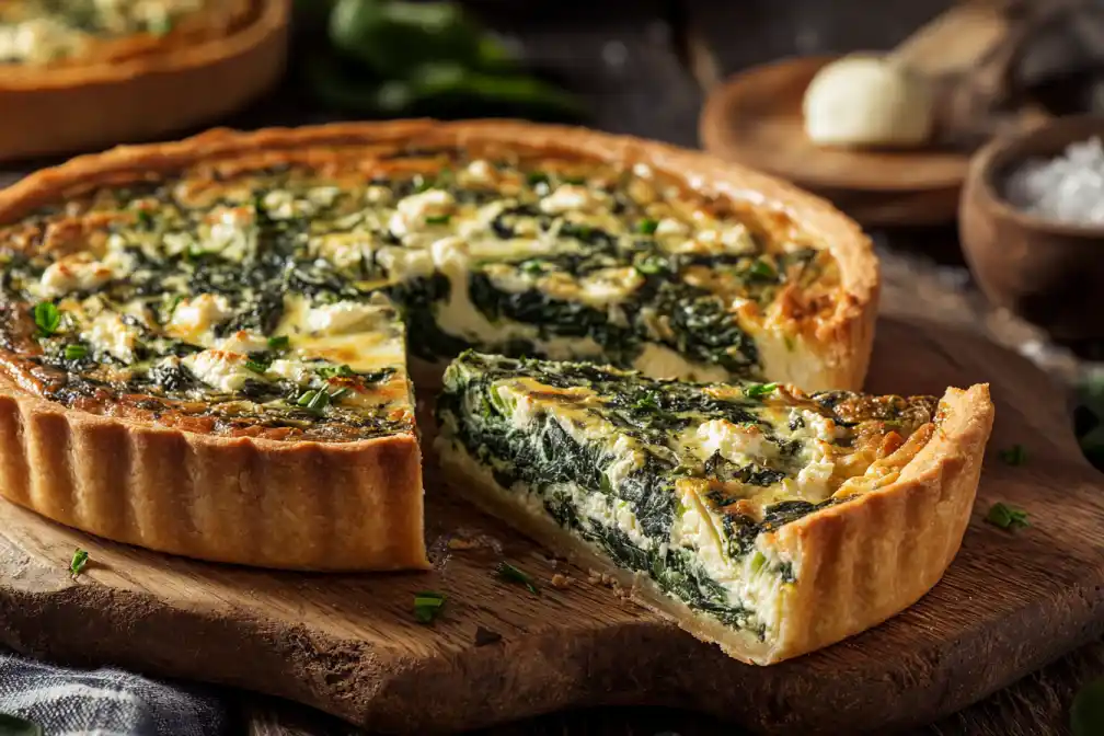 Savory spinach and feta quiche sliced with golden crust