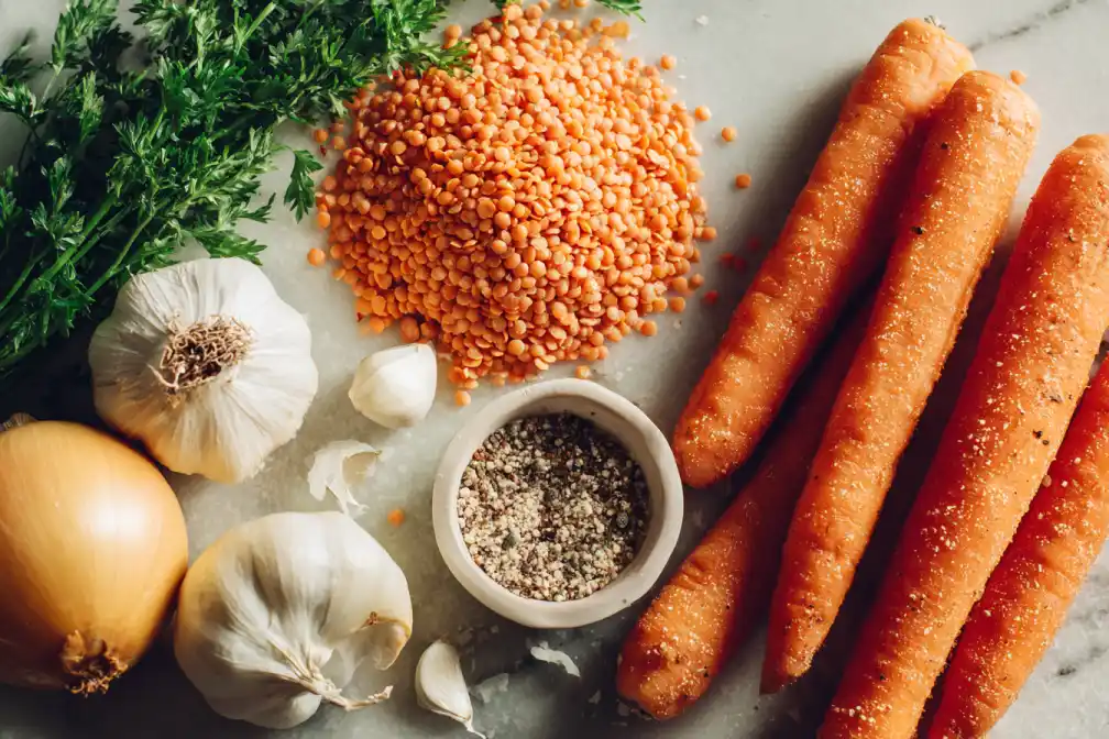 Flat lay of lentils, lemon, cumin, garlic, onion, carrot, and parsley for soup