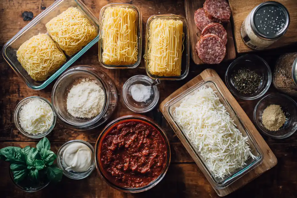 Ingredients for ramen lasagna bake one-pan including ramen noodles, sausage, sauce, cream, and cheese