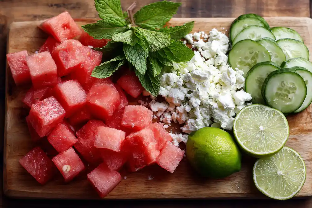 Ingredients for watermelon and feta summer salad with mint, cucumber, lime, and feta