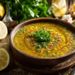 Rustic bowl of lentil soup with cumin and lemon garnished with parsley