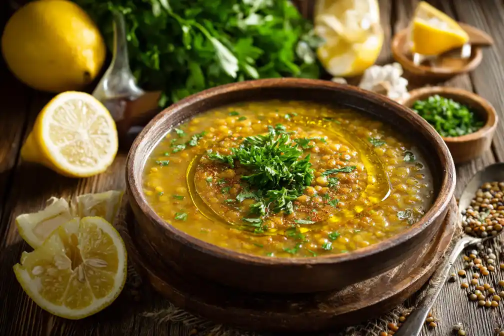 Rustic bowl of lentil soup with cumin and lemon garnished with parsley