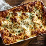 Freshly baked ramen lasagna bake one-pan with golden melted mozzarella in a baking dish