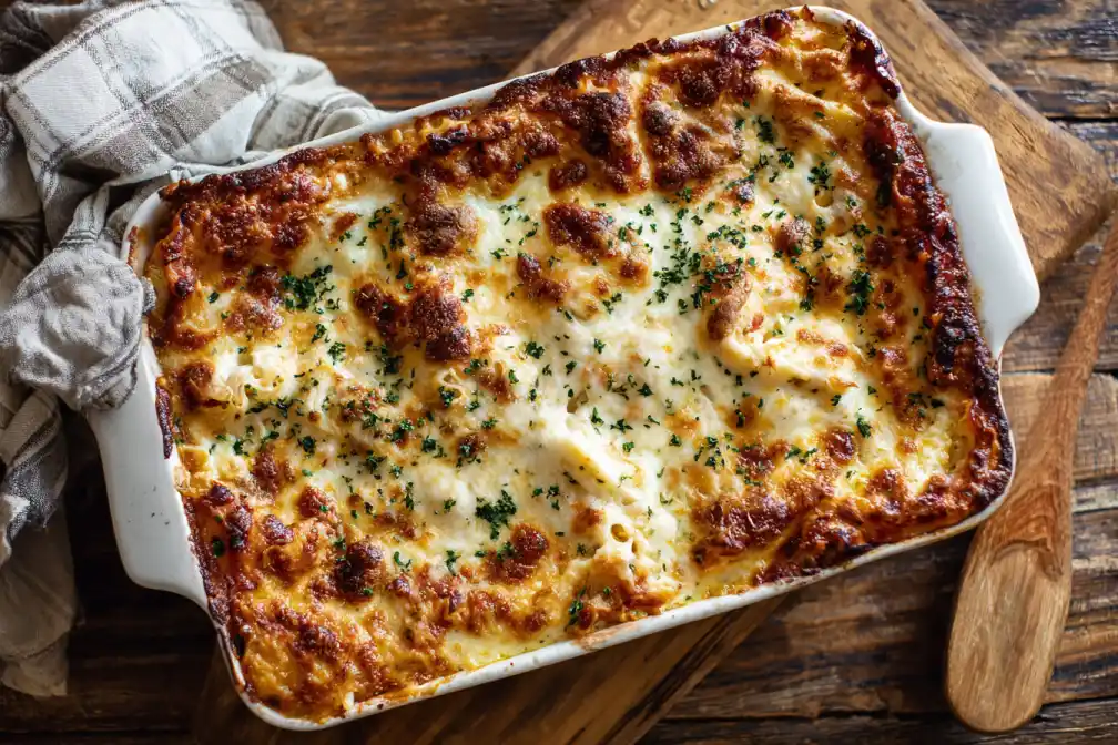 Freshly baked ramen lasagna bake one-pan with golden melted mozzarella in a baking dish