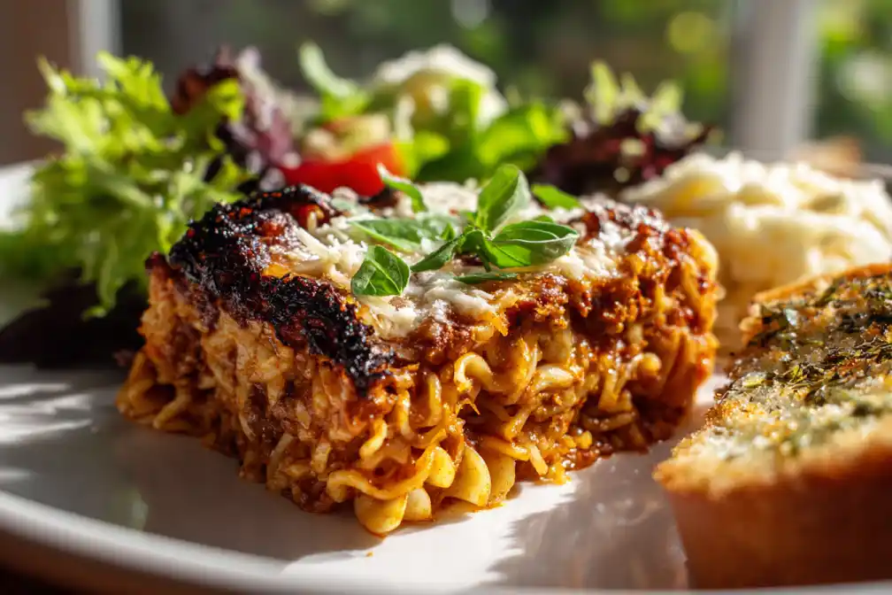 A slice of ramen lasagna bake one-pan served with basil garnish, salad, and garlic bread