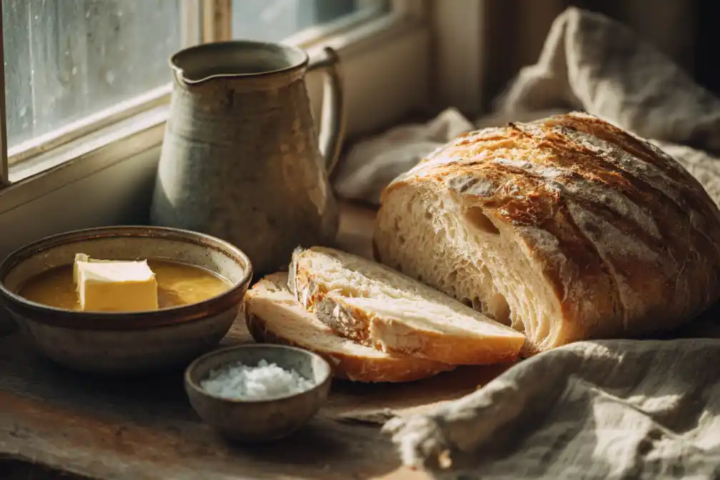 Slices of sourdough bread served with butter and a bowl of soup