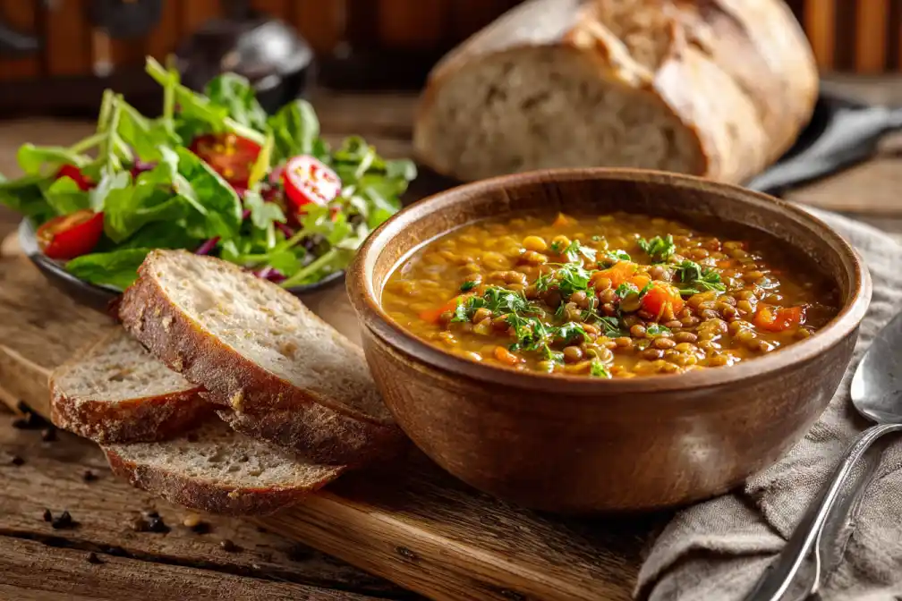 Bowl of lentil soup with cumin and lemon served with bread and salad