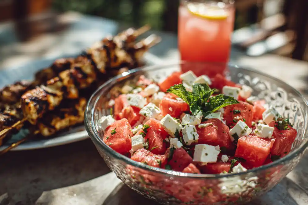 Watermelon and feta summer salad served with grilled chicken and lemonade
