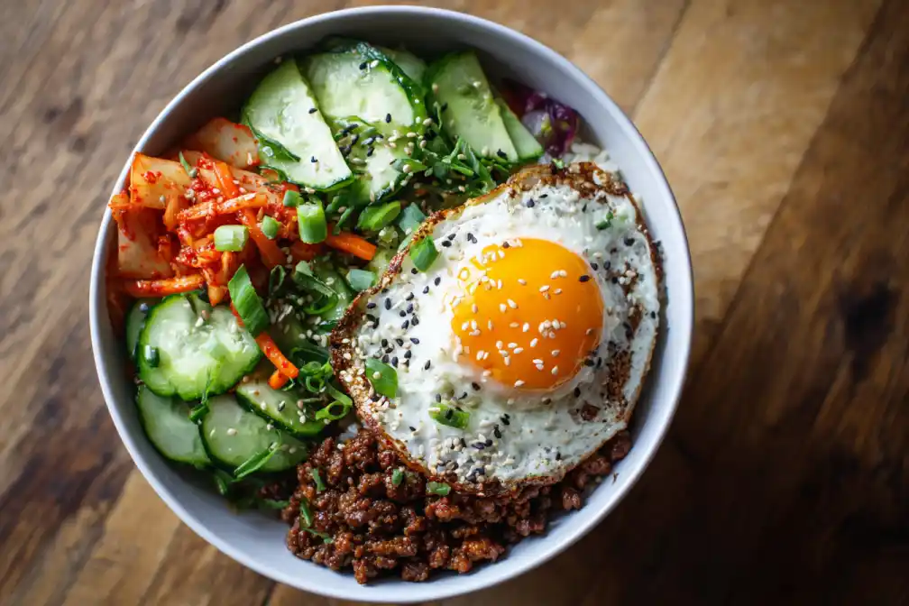Homemade ground-beef bulgogi rice bowl with kimchi and egg